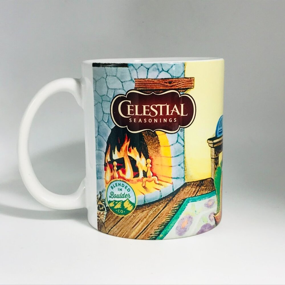 Celestial Seasonings Tea Mug Bear Fireplace Cat 2018 Porcelain Colorful